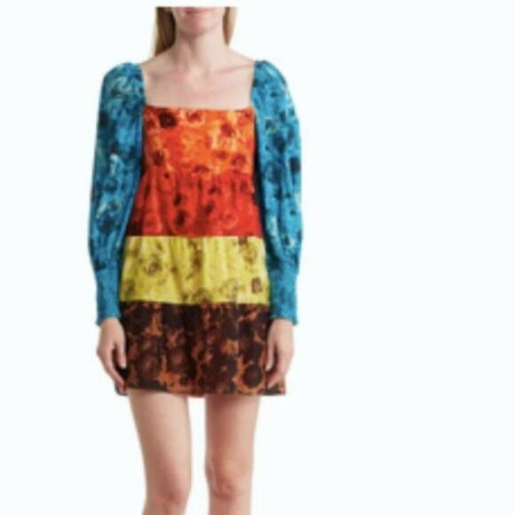 Alice + Olivia Rowen Floral Long Sleeve Tiered Cotton Minidress M
